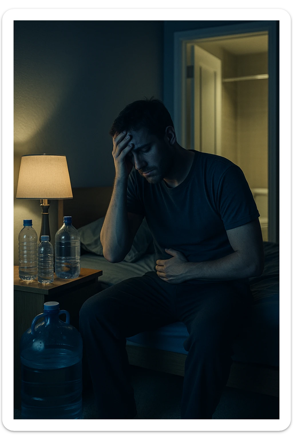 A cinematic scene of a man in his 30s sitting on the edge of his bed at night, clearly tired and frustrated. On his nightstand are several empty water bottles and a large reusable water jug, suggesting excessive hydration. A dim lamp casts soft shadows in the room, and the door to the bathroom is open with light spilling out — symbolizing repeated nightly visits. The man holds his head in one hand, while the other rests on his abdomen, eyes heavy with fatigue. The atmosphere is quiet and introspective. Cool color grading with deep blues and pale yellows enhances the nighttime mood. Style: 35mm cinematic realism, with attention to emotional detail and ambient lighting sticker