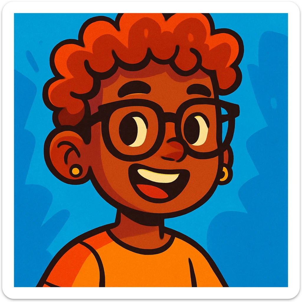 boy with curly hair and brown skin, wearing black glasses and earrings, vibrant cartoon style sticker