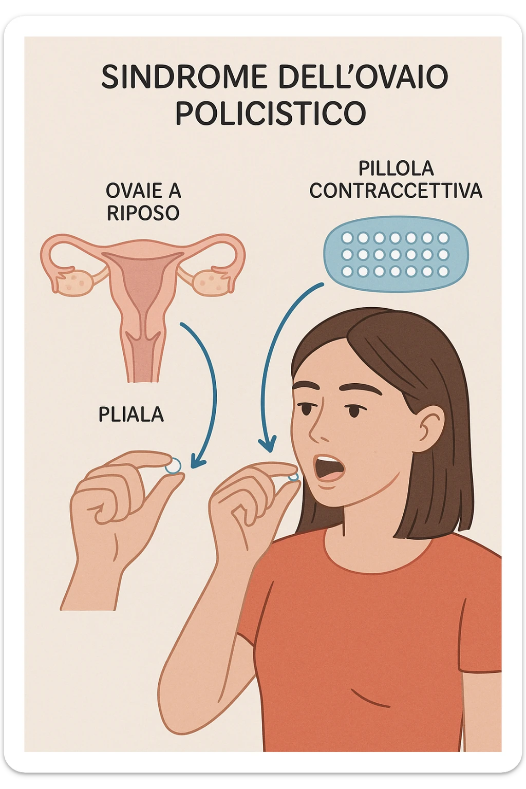 Donna con pcos che prende la pillola, e la pillola mette a riposo le ovaie in italiano sticker