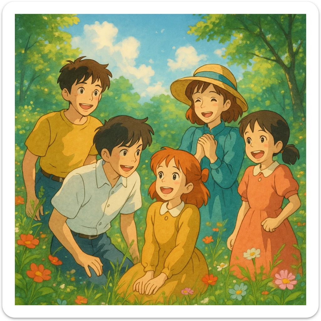 Five friends (three girls, two boys) enjoying a sunny day outdoors, in a Ghibli-style illustration with vibrant nature and a sense of wonder. sticker