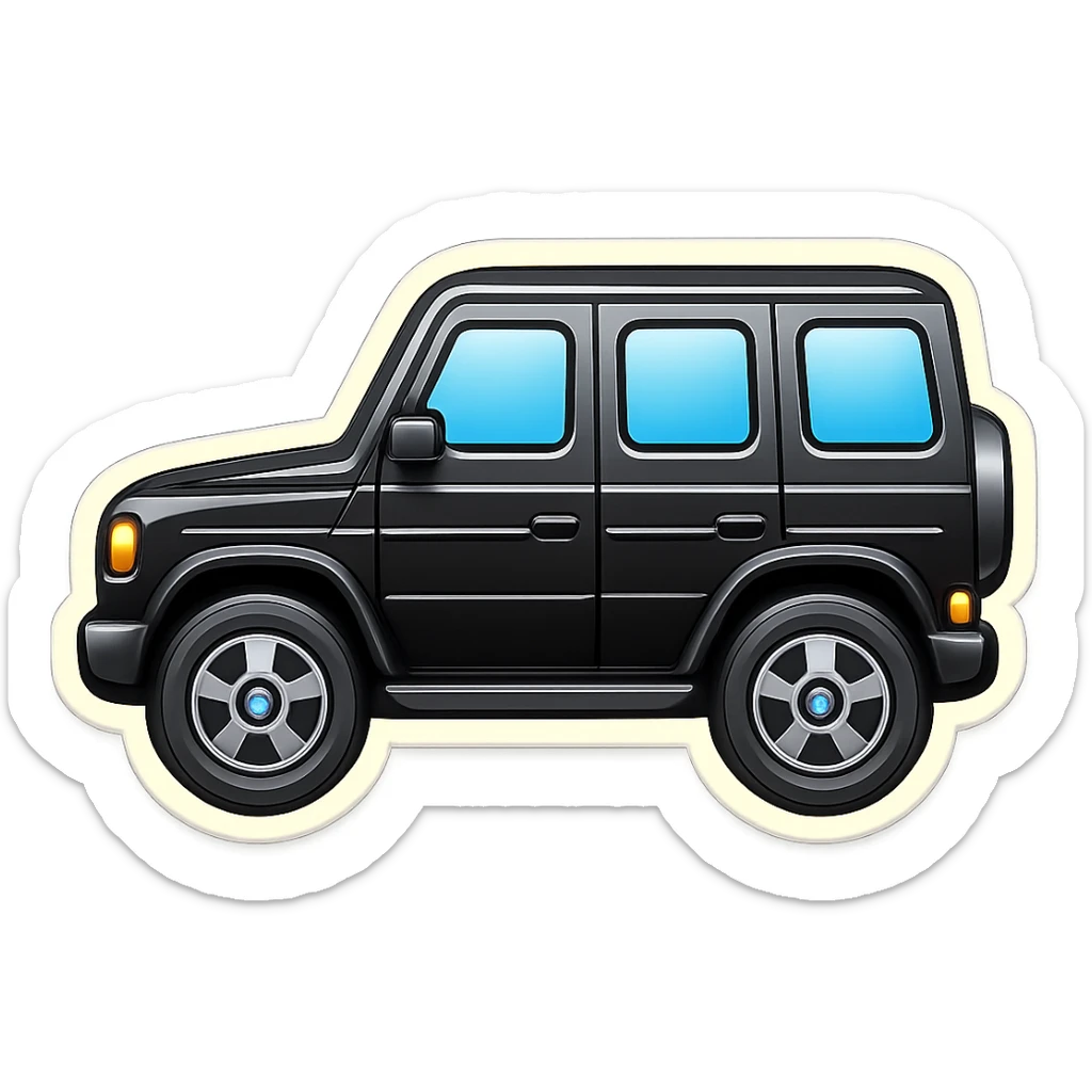 Make this Mercedes G-Class emoji even simpler, closely matching the style of the provided car emoji references: very minimal details, rounded shapes, cartoonish proportions, glossy look, large windows and wheels, and a black body. Side view, no background, no small features or realistic textures. sticker