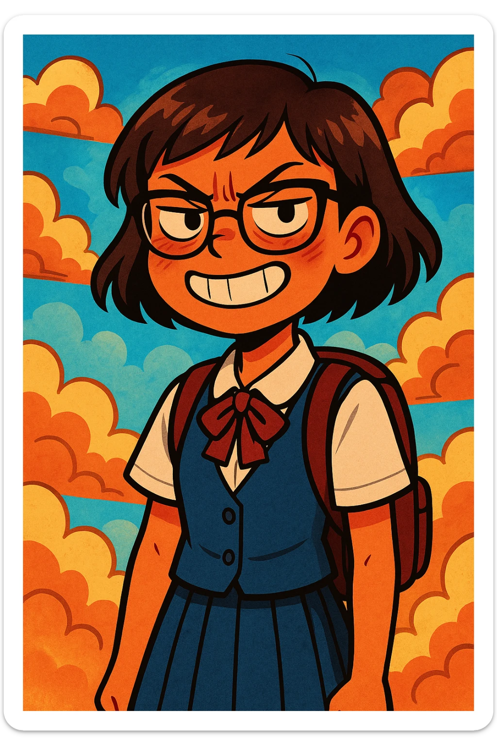 high school girl with glasses and short hair, smiling but with subtle signs of inner anger, surrounded by clouds, in a vibrant cartoon style sticker