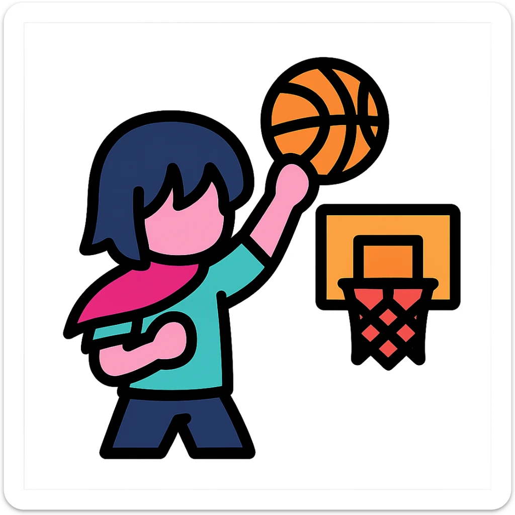Kris from Deltarune shooting a basketball, color outline icon style, clean and modern, simple color accents sticker