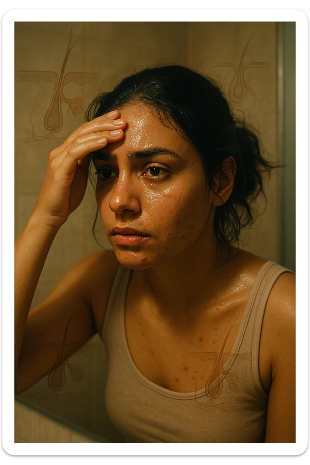 A realistic, cinematic portrait of a young woman in her late 20s with medium skin tone, sitting in front of a mirror in a softly lit bathroom. Her facial skin appears oily with a noticeable shine on her forehead, nose, and cheeks due to overactive sebaceous glands caused by PCOS. Small acne spots are visible along her jawline and chin, highlighting hormonal imbalance. She gently touches her forehead with her fingertips, checking the oiliness with a slightly concerned expression. Her dark hair is tied loosely, showing a few strands sticking to the sides of her face because of excess sebum. Subtle overlays of scientific diagrams of sebaceous glands can be softly blended into the background, symbolizing the overproduction of sebum. The atmosphere is clean and realistic, with warm daylight tones and a soft depth of field, ensuring emotional connection while maintaining medical educational value. 35mm film style, highly detailed skin texture and reflections on the oily areas for a hyperrealistic effect in italiano sticker