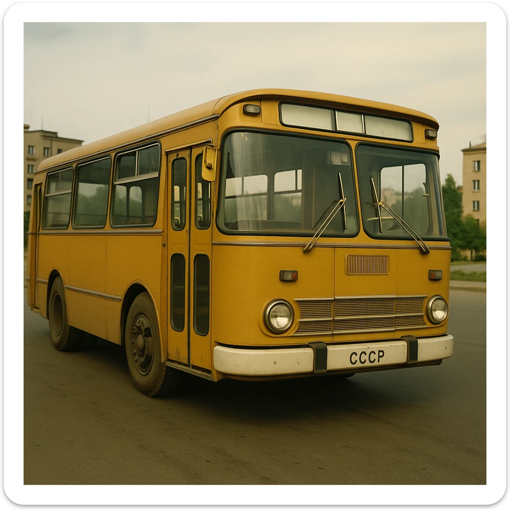 Classic USSR city bus, boxy shape, retro details, vintage public transport sticker