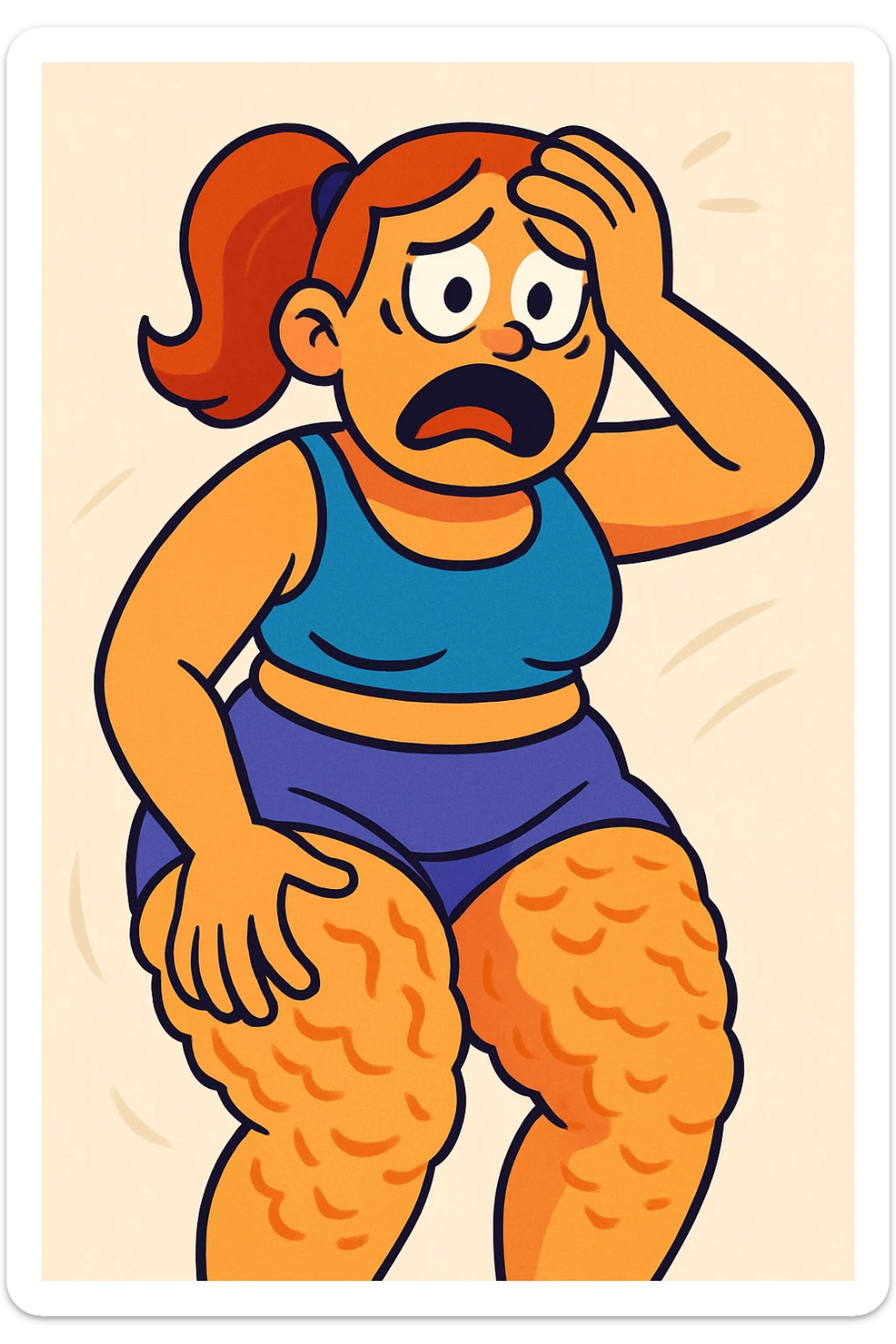 cartoon style vibrant colors illustration of a woman with a lot of cellulite, visibly desperate and tired of her condition, face visible with a marked expression of despair and fatigue, light background sticker