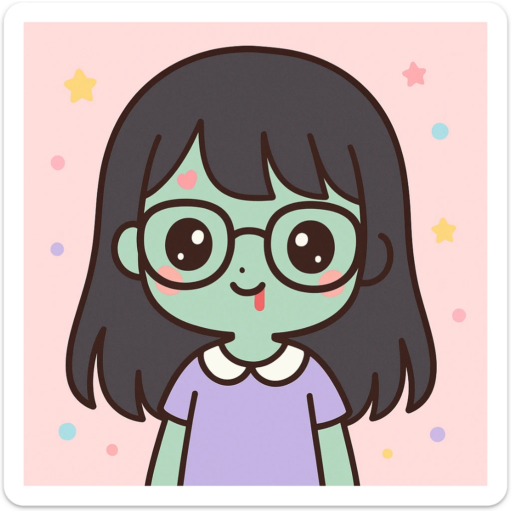 zombie girl with long black hair, bangs, and glasses, anime kawaii style sticker