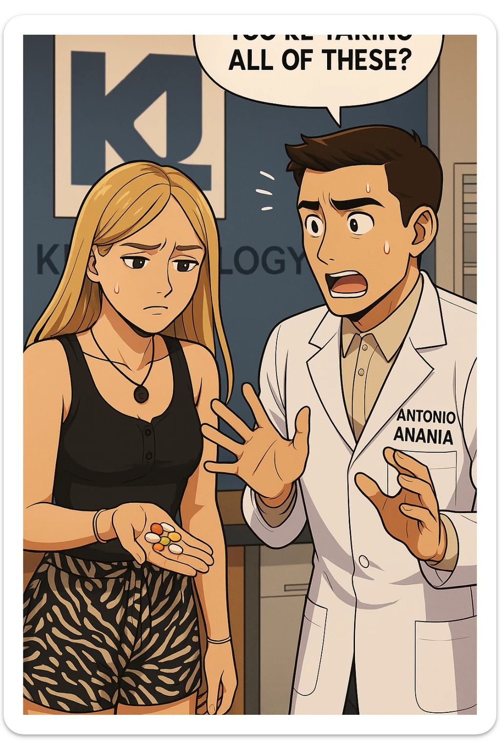 fai un webtoon/manga a colori con questo kinesiologo in camice bianco (fagli la scritta "ANTONIO ANANIA" SUL CAMICE) CHE PARLA CON QUESTA RAGAZZA. LA RAGAZZA HA UN PUGNO DI INTEGRATORI IN MANO (TANTE PILLOLE DIVERSE) E LE GUARDA DUBBIOSA. IL KINESIOLOGO CON IL CAMICE BIANCO LE DOMANDA UNA COSA SCIOCCATO. NON FARE I FUMETTI, FAI SOLO LORO COME SE DIALOGASSERO sticker