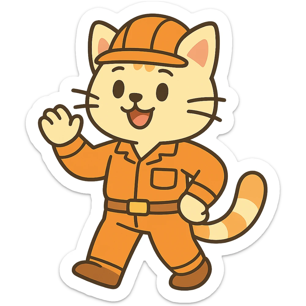 cat character with orange hard hat and work uniform, anime inspired sticker