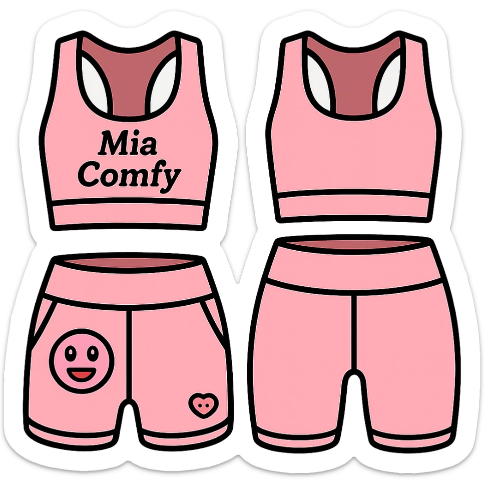 Add the name 'Mia Comfy' in a clear, stylish font on the pink yoga top. Keep the background transparent. sticker