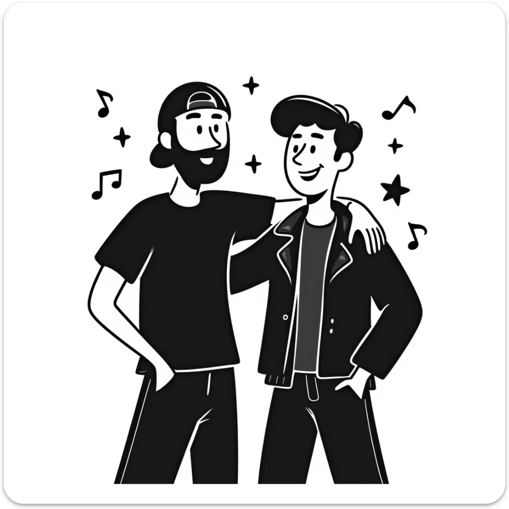 Two male musicians side by side with one arm over the other's shoulder: a 35-year-old with stylized beard, backwards cap, rocker style, and a younger 25-year-old musician, both smiling. Music notes and stars around them. Other band members celebrating in the background. sticker
