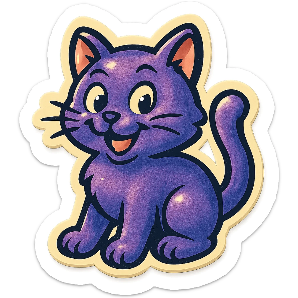 retro sticker of a purple cat, playful expression, bold outlines, vintage sticker style sticker