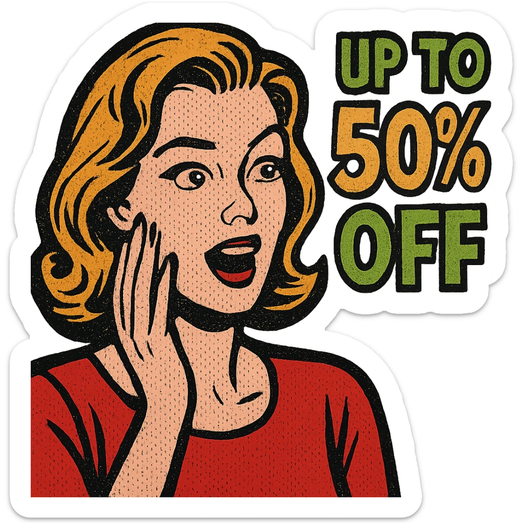 comic style text 'UP TO 50% OFF' in bright green and orange colors, no background sticker