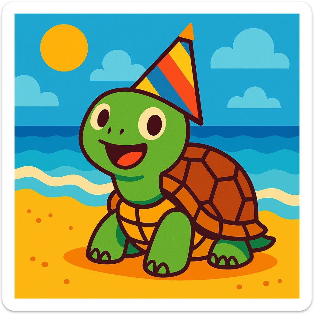 a turtle on the beach wearing a colorful party hat, fun and colorful style, bright and cheerful sticker