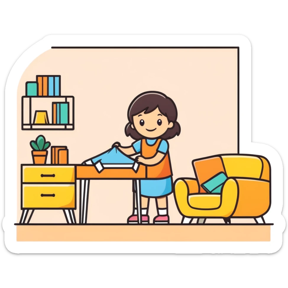 smiling girl arranging furniture in doll house sticker