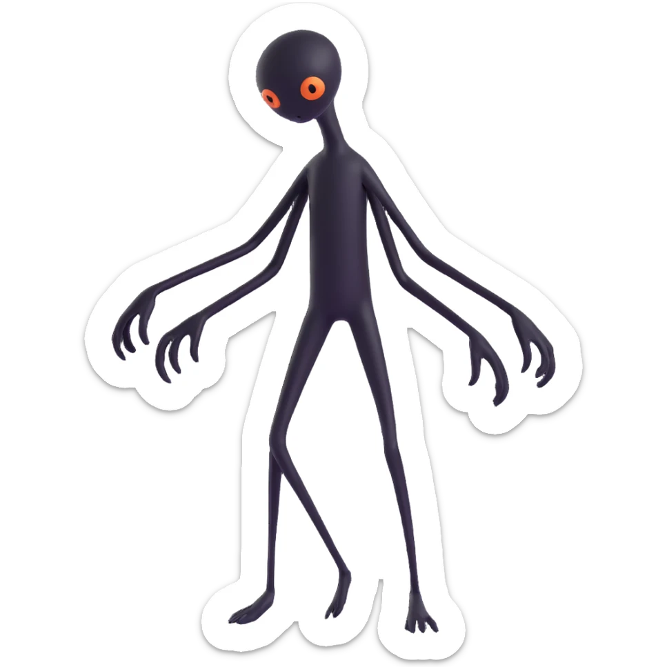 scary emoji of a faceless black creature, fully black, with long arms and long legs, eerie and shadowy, no text sticker