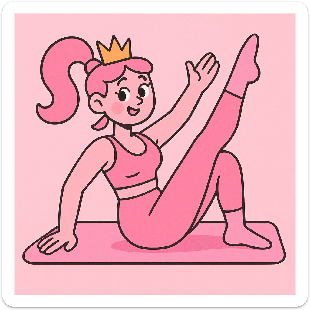 pink pilates princess, pastel pink colors, sporty and feminine, wearing a crown, cute and energetic, modern cartoon style sticker