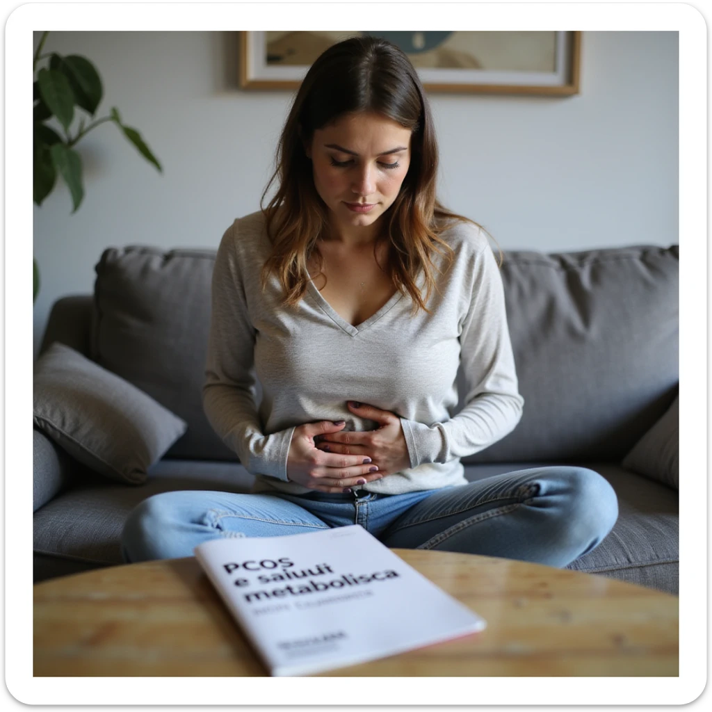 woman in casual clothing sitting on sofa, hand on abdomen with thoughtful expression, brochure on table in front with Italian text: 'PCOS e salute metabolica: non trascurare i segnali', realistic style, 4K quality sticker