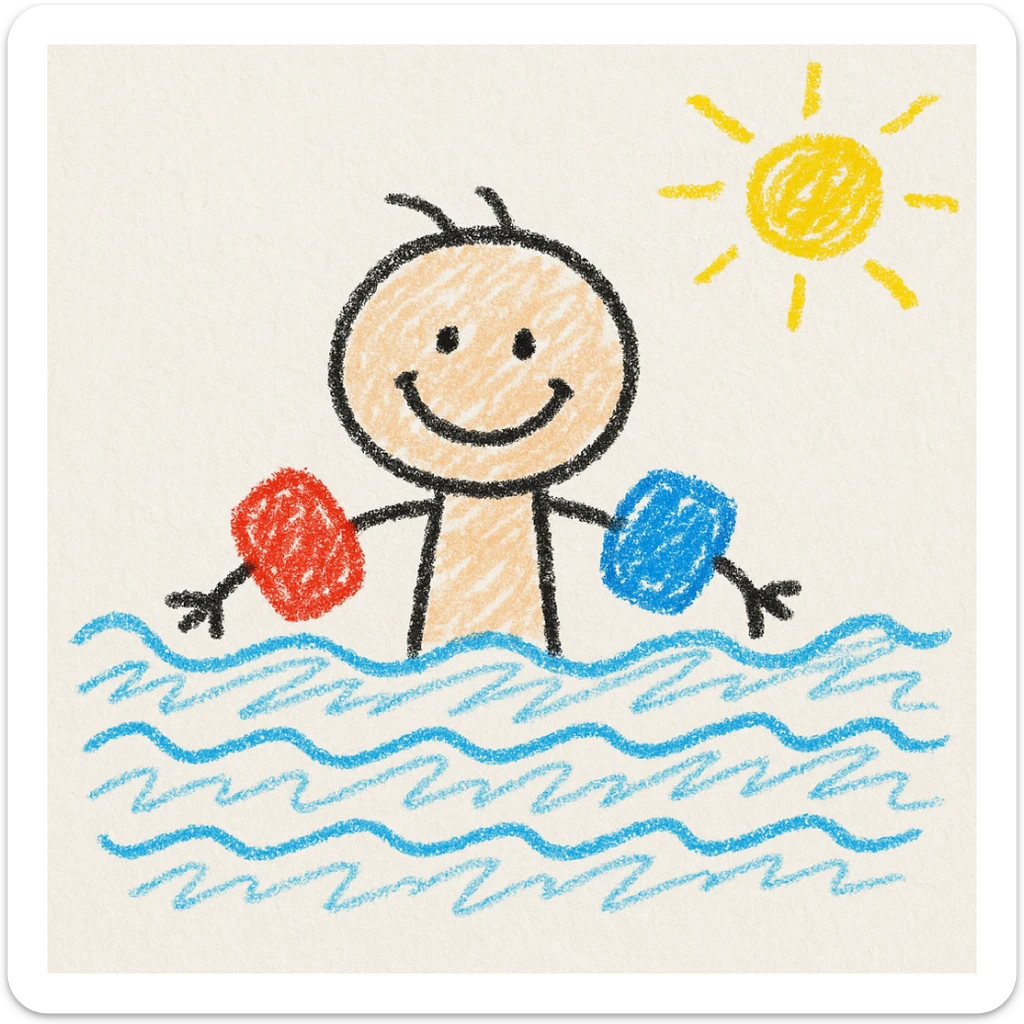 A child swimming with floaties, smiling, playful illustration style sticker