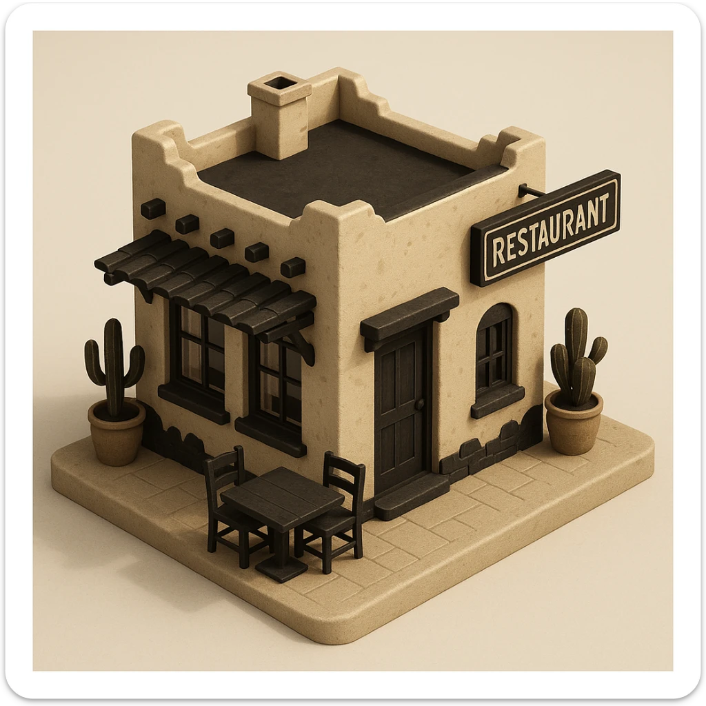 isometric exterior of a little southwestern restaurant, black, beige, and white color palette, dollhouse style, 3D realistic sticker