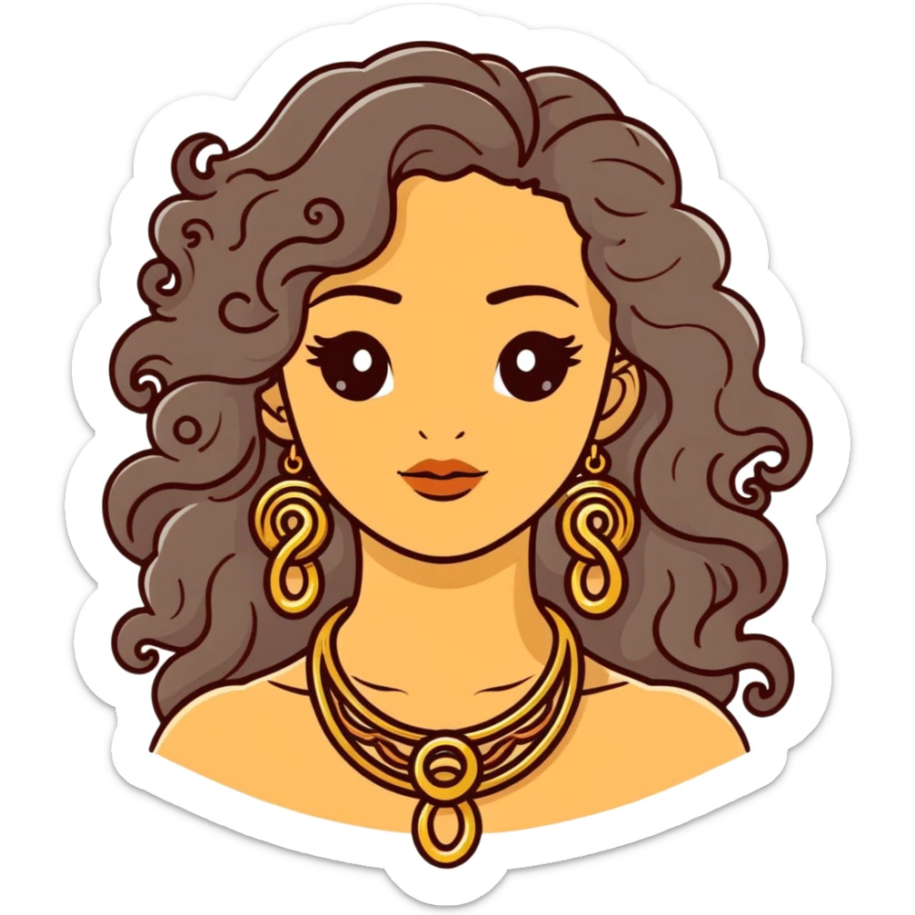 attractive Greek woman with long curly hair and light skin wearing gold Greek jewelry sticker