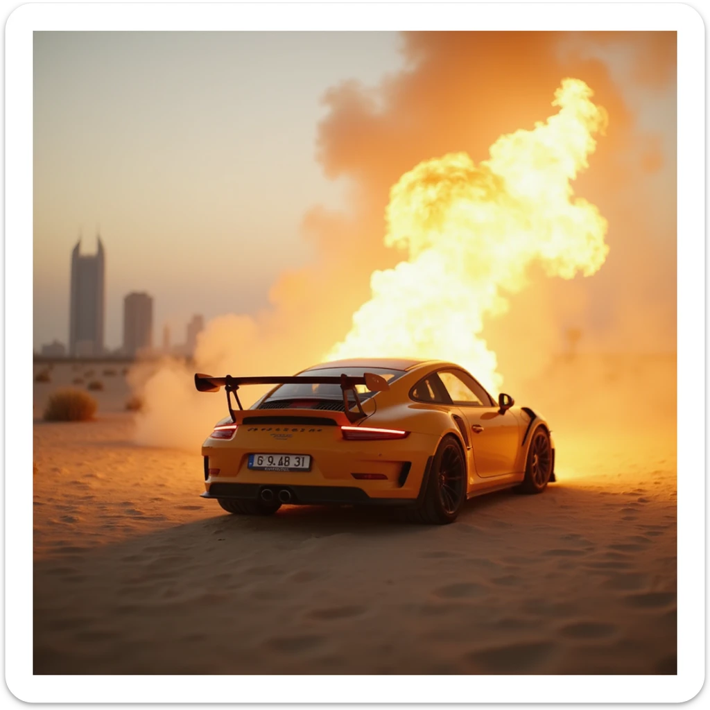 Cinematic shot, Porsche 911 gt3 rs in fire, desert, sunny day, dubai city in background sticker