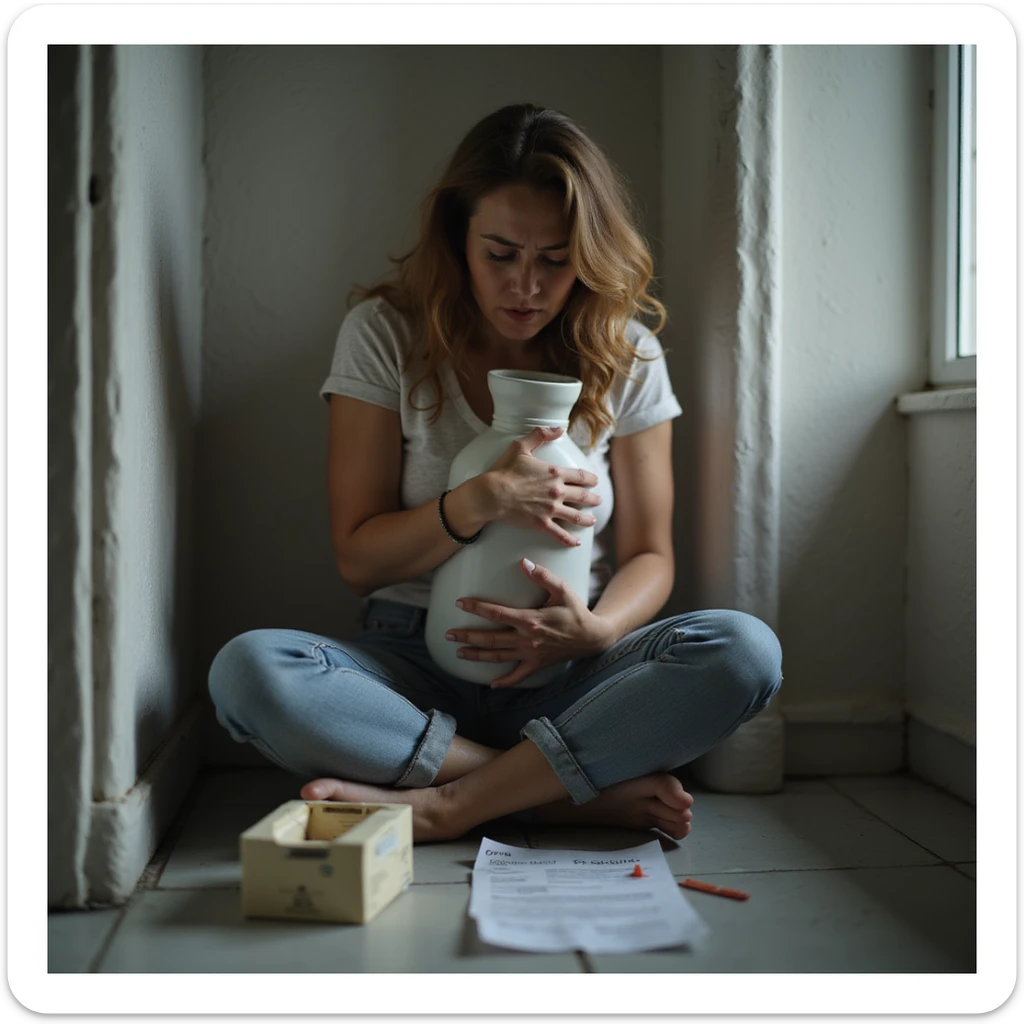 hyperrealistic 4K image of a woman sitting against the bathroom wall, knees to chest, hugging a hot water bottle, empty box of biologic drug and medical papers with 'Crohn' diagnosis next to her, expression of suffering sticker