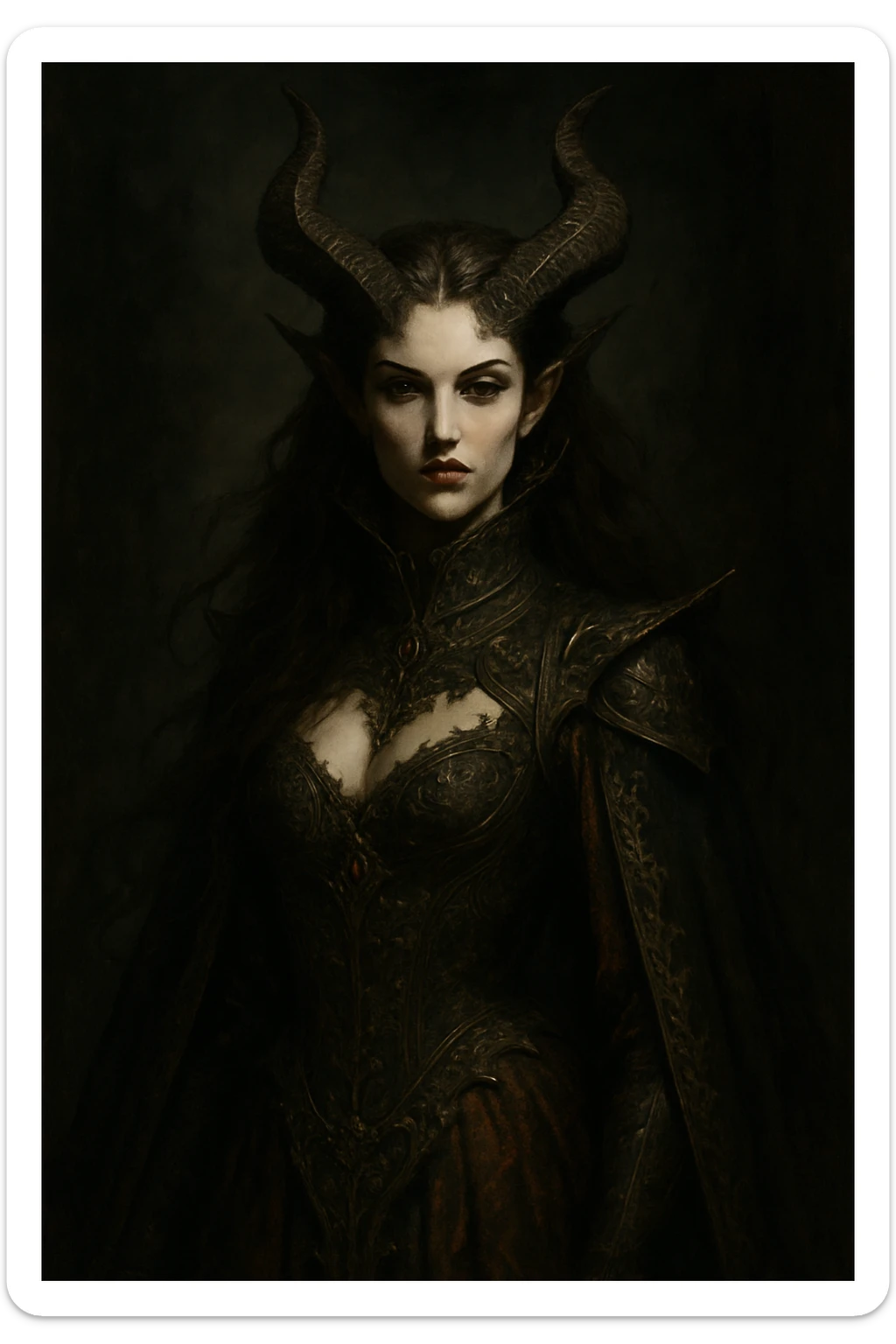 demon queen with horns and brown hair, elegant and regal, dark fantasy style sticker