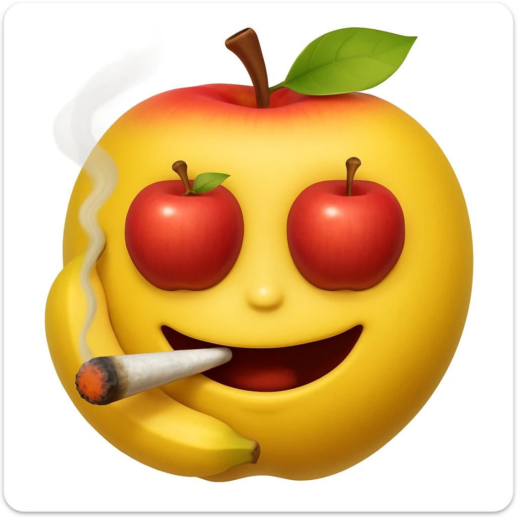 Add a cartoon joint with smoke to the smiley face made of apples as eyes and a banana as the mouth. Make it look like the face is smoking weed, keep the emoji style. sticker