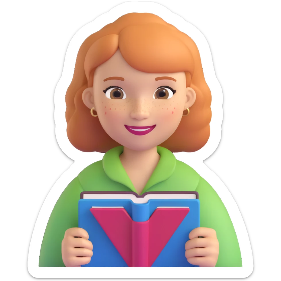 light-skinned woman in her 40s, strawberry blonde page haircut, round face, freckles, smiling, holding a book sticker
