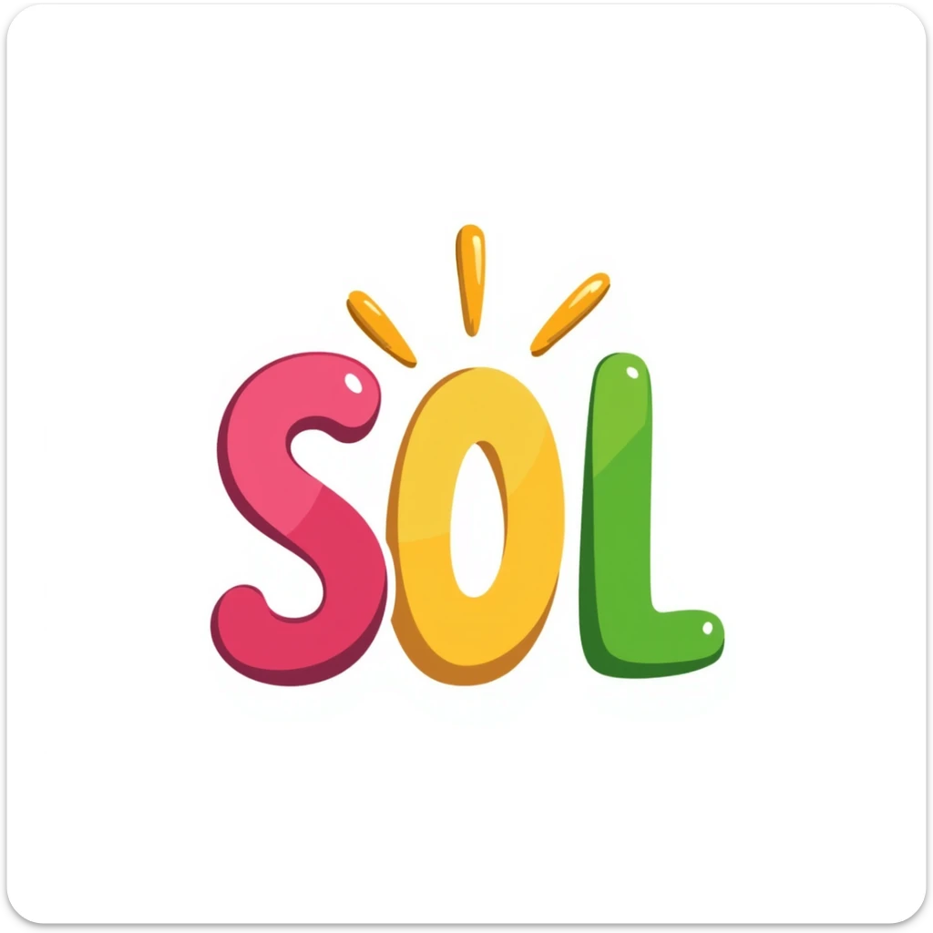 Latin letters SOL in emoji style with handwritten effect, pink green and sunny colors, associations with energy and sun sticker