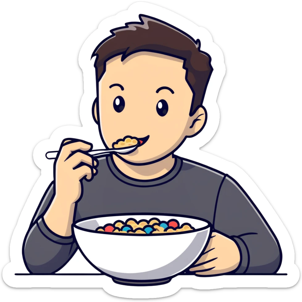 Elon Musk eating a bowl of cereal, tech entrepreneur with short dark hair enjoying breakfast sticker