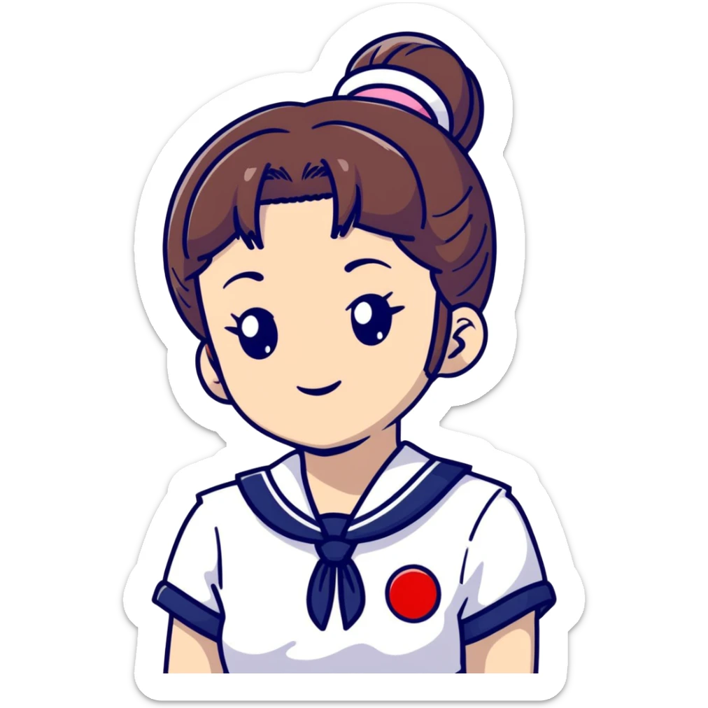 Ultra cute Japanese schoolgirl with high odango bun hairstyle wearing Japanese school uniform with sailor collar sticker