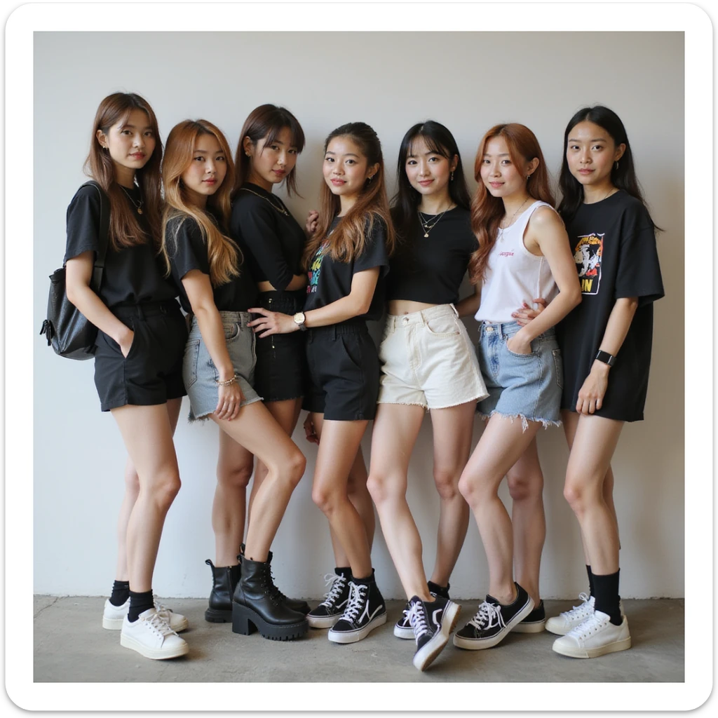 Blackpink K-pop group, group pose, photorealistic, casual streetwear, relaxed and friendly sticker