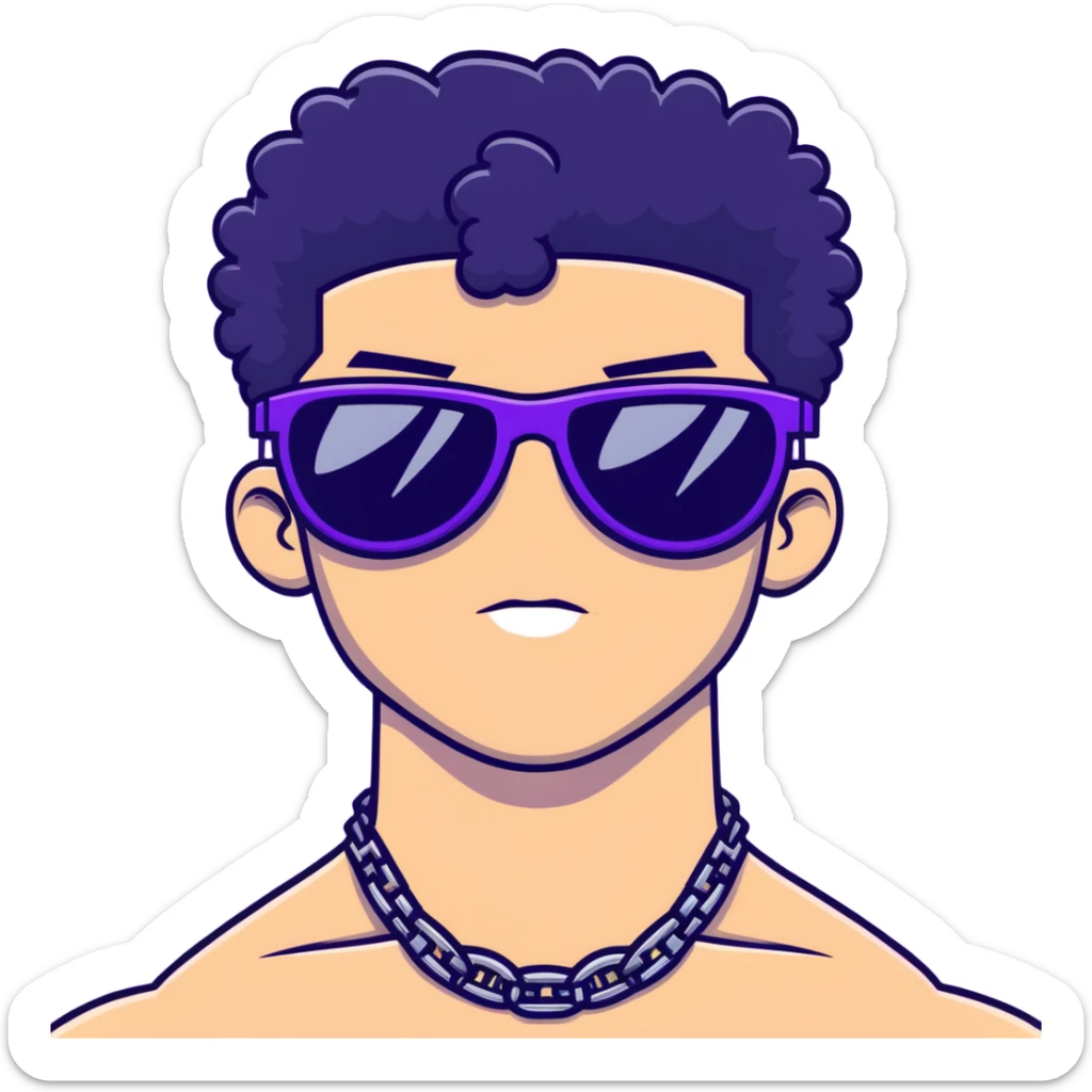 shirtless male athlete with white skin and moderately curly black hair on top with shaved sides, wearing purple sunglasses with very dark heavily tinted black lenses, and a simple plain black chain necklace, no earrings or other jewelry sticker