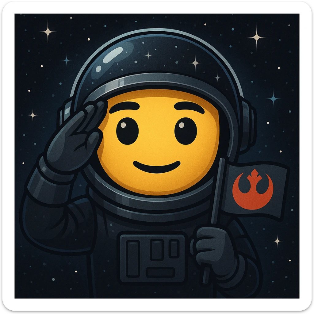 Emoji de saludo o7 con casco espacial y bandera rebelde, colores oscuros, detalles de estrellas y espacio sticker