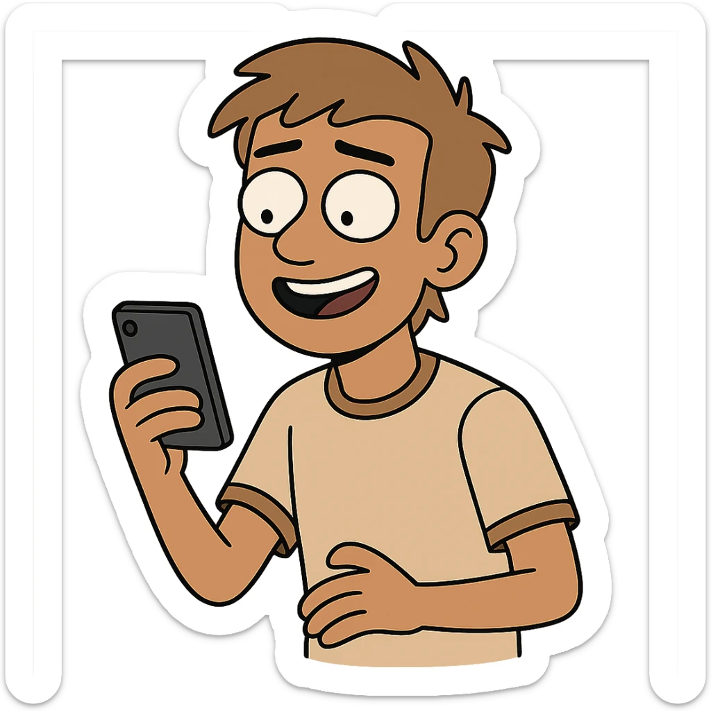a tan boy with light brown hair holding a phone, western adult animation cartoon style sticker