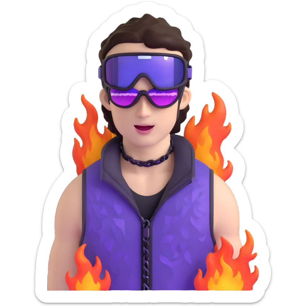 close-up of cool guy male athlete with white skin and moderately curly dark brown hair on top with shaved sides, with one purple ski goggle lens pushed up above his eyes on his forehead, sticking his tongue out of his mouth, a simple plain black chain necklace, and a completely unzipped sleeveless vest with purple and black sequin fire pattern design with no logo sticker