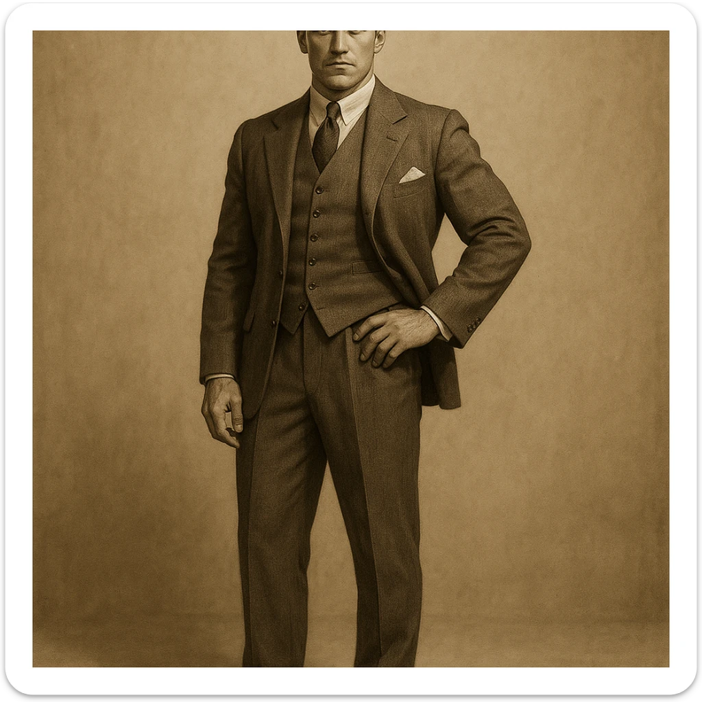 full body portrait of Tom Buchanan from The Great Gatsby, athletic build, 1920s suit, confident posture, slicked-back hair, classic style sticker