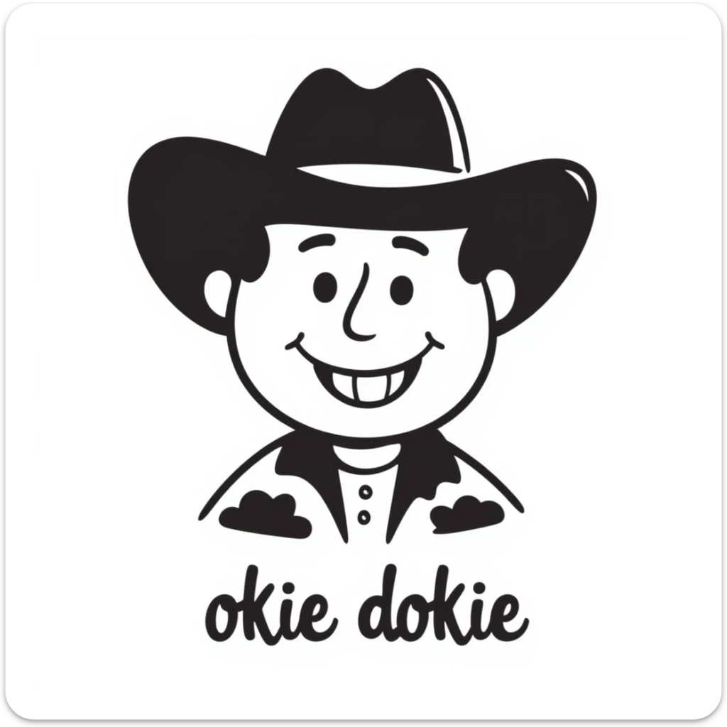 cheerful cowboy emoji with a hat, smiling, and the legend 'okie dokie' in a fun, bold font sticker