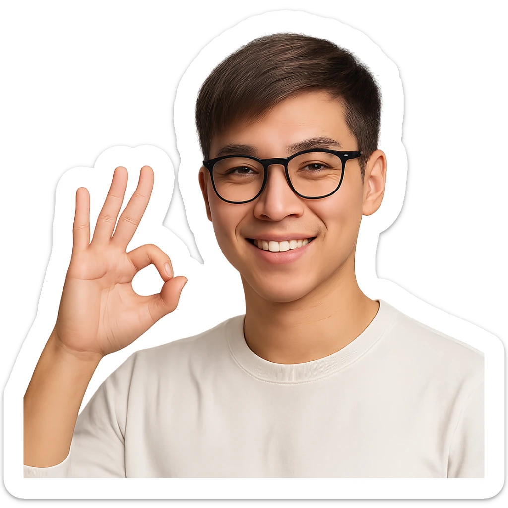 a young Asian man with cool brown short hair, wearing black framed glasses, a white top, making an OK gesture with his right hand, and smiling confidently sticker