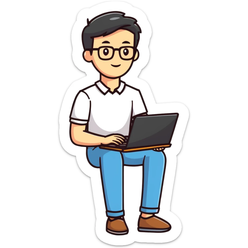 full body male teacher with attractive handsome face in casual clothes holding a laptop sticker