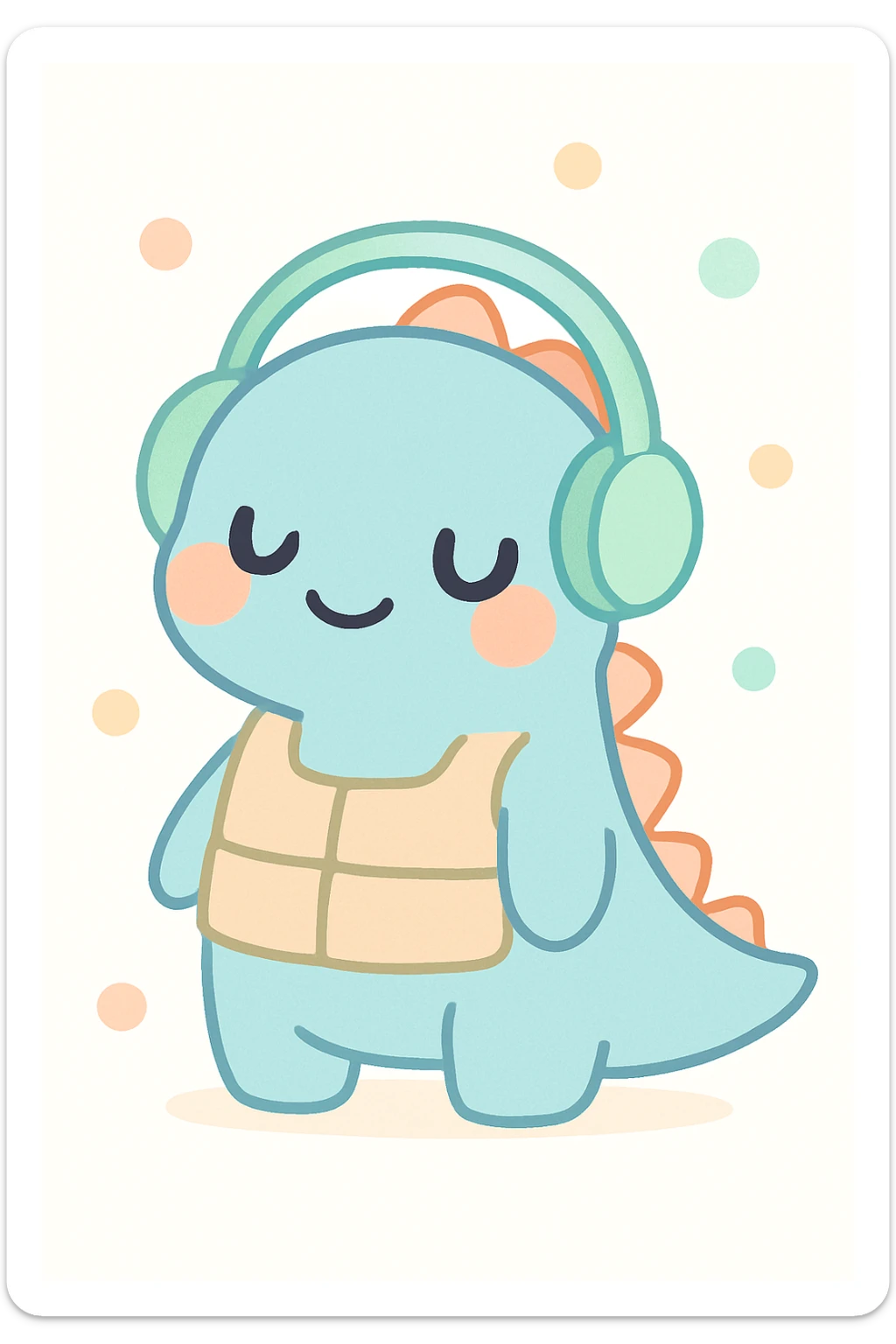a peaceful and content dinosaur wearing a weighted vest and headphones, gentle expression, soft and cute style sticker