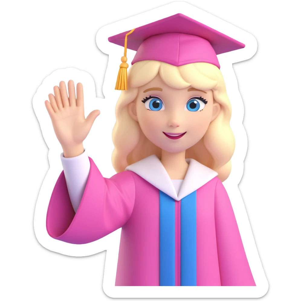 blue eyed blonde girl in pink graduation attire, waving, festive background sticker