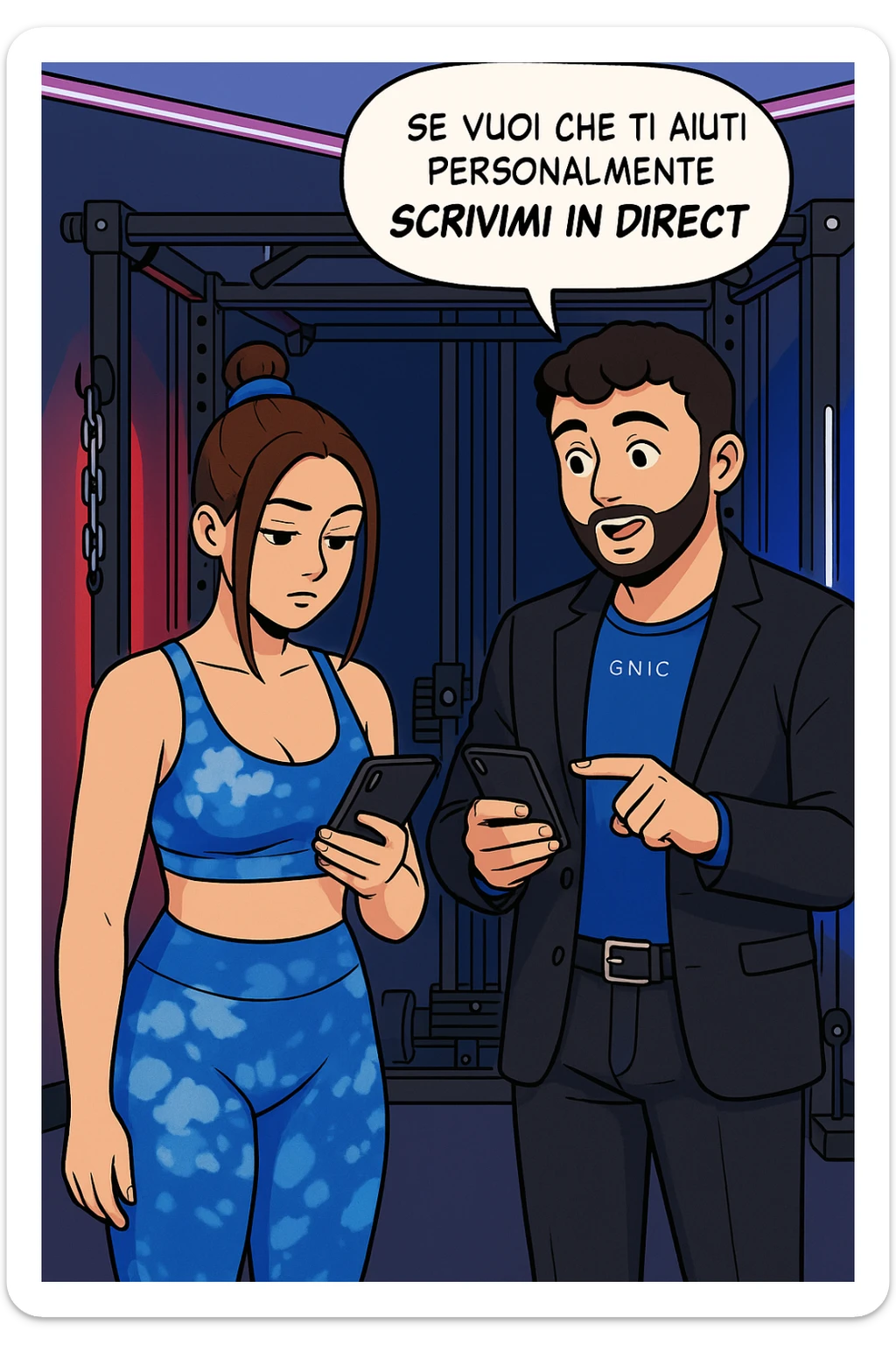 TRASFORMA QUESTO CAROSELLO IN UN FUMETTO STILE WEBTOON/MANGA A COLORI CON QUESTE DUE PERSONE IDENTICHE CHE INTERLOQUISCONO TRA LORO, L'UOMO MOSTRA UNO SMARTPHONE ALLA DONNA INDICANDOLO, E ANCHE LA DONNA HA LO SMARTPHONE IN MANO PER ANDARE A SEGUIRE IL SUO PROFILO INSTAGRAM:

LUI (UOMO): Se vuoi che ti aiuti personalmente
SCRIVIMI IN DIRECT sticker