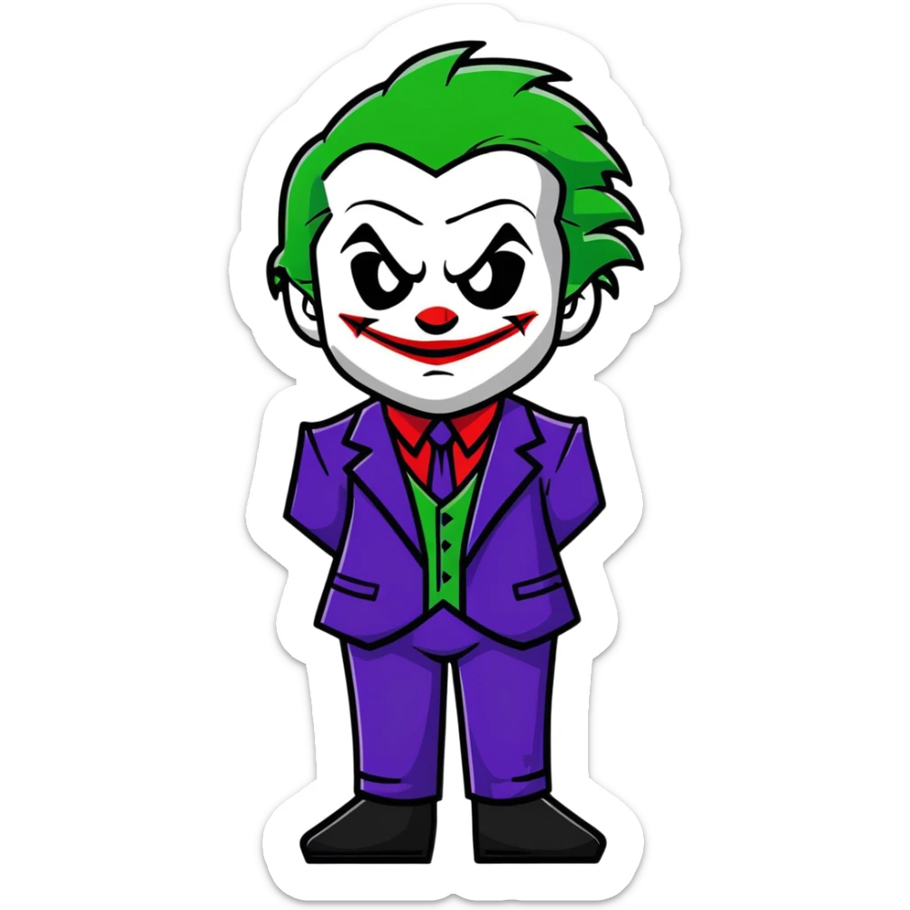 The Joker villain full body with green hair, purple suit, white face, red lips, sinister smile sticker