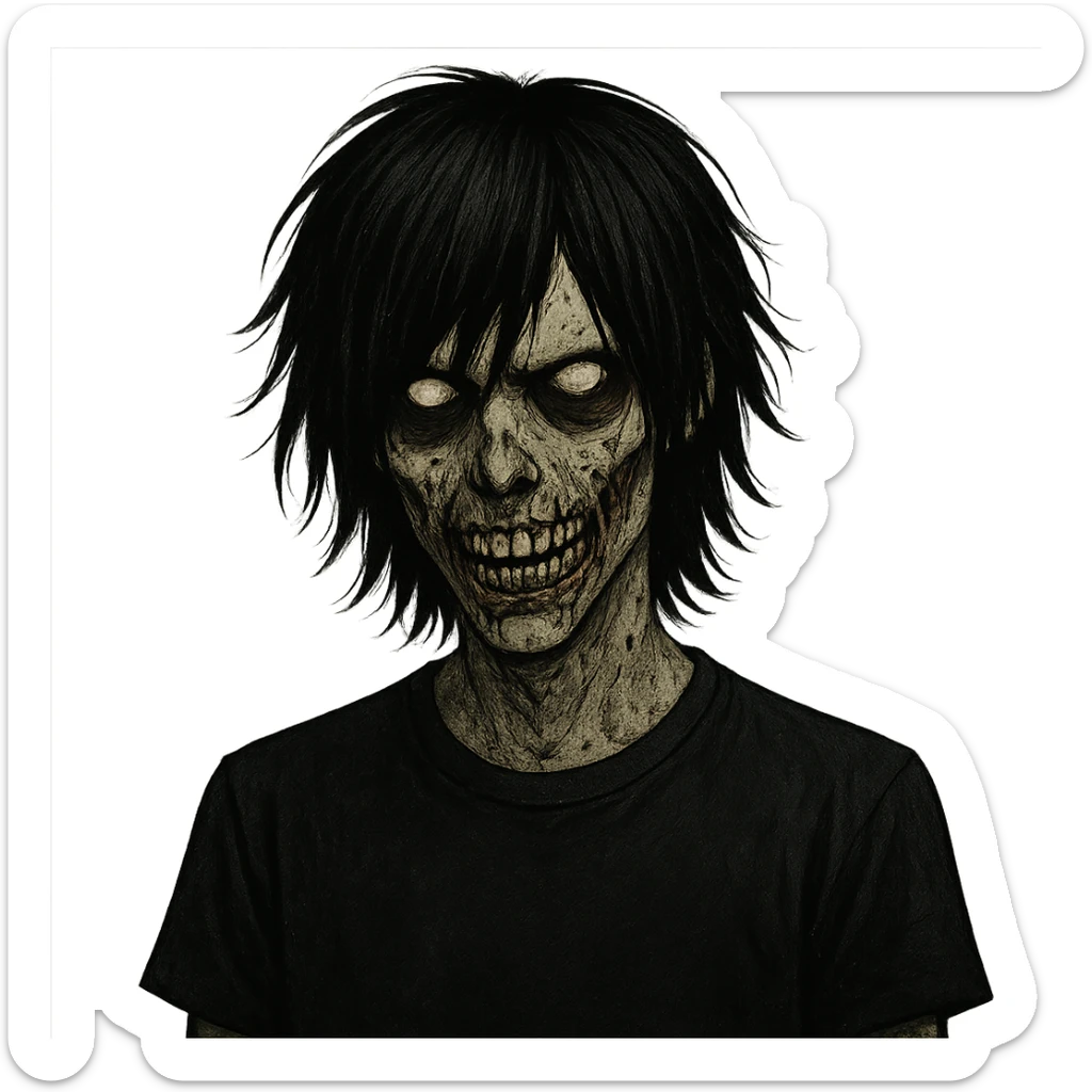 spooky emo boy zombie, medium-long black hair, shaggy, with a sinister, creepy face sticker