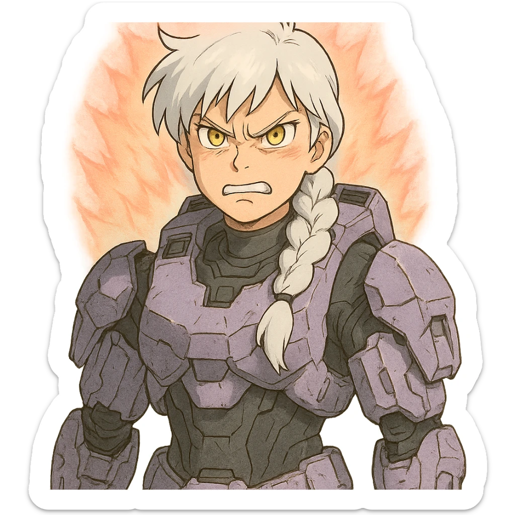 making an angry scowl, frown closed mouth, rage face, rage aura,  female, wearing reach spartan armor shoulder-unequip, long white braid hair with massive messy front side single bangs, gold yellow eyes, attention pose, D-cup size, HALO:series, no helmet, the armor is lavender color scheme, sticker