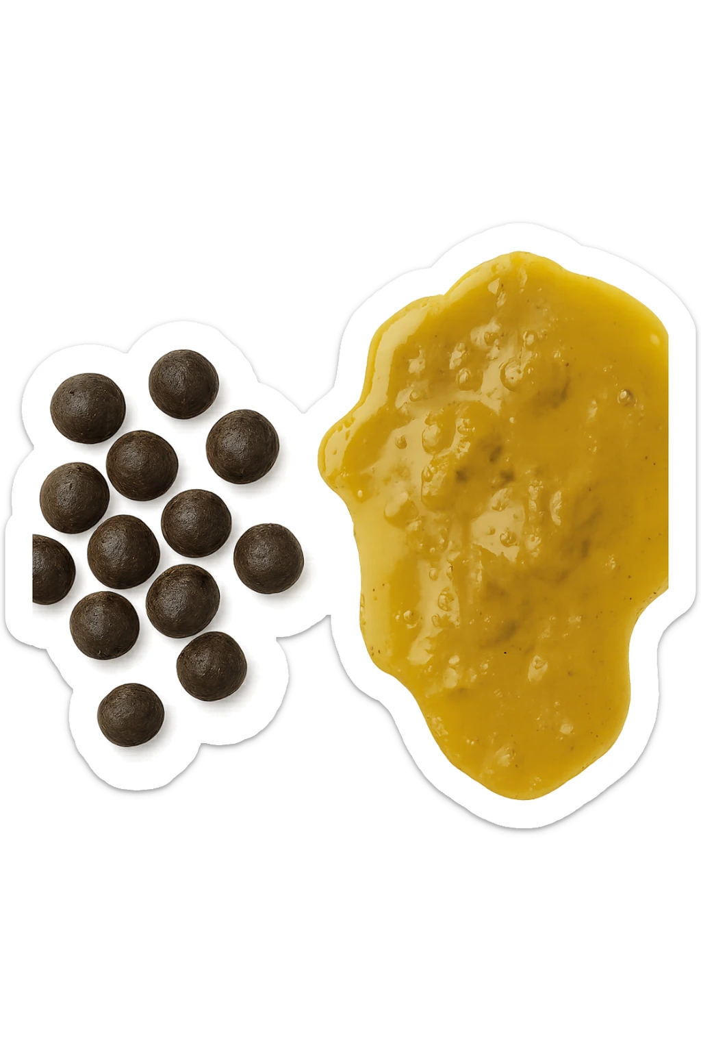 feci di animale a palline viste dall'alto e feci di animale liquide e gialline viste dall'alto, iperrealistico 4k sticker