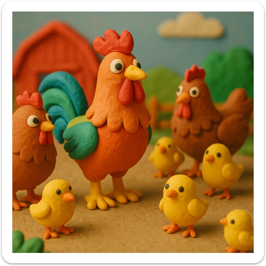 rooster with hens and chicks, cheerful farmyard scene, colorful and cute in claymation style sticker